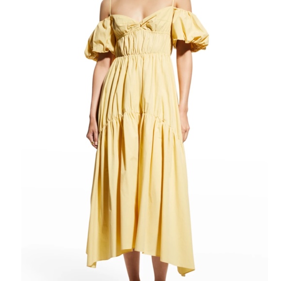 NWT $445 Vince Draped Cold-Shoulder Tiered Yellow Midi Dress in sizes 4, 10 + 12 - Picture 4 of 8